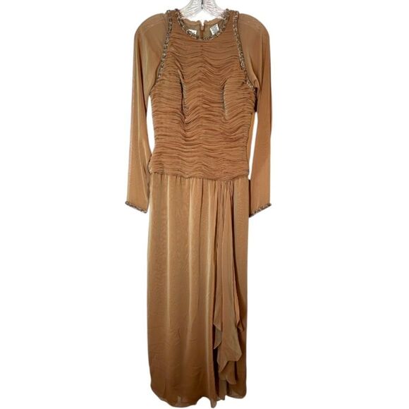 OLEG CASSINI WOMANS DRESS 4 brown black tie long gown mother of the bride beaded - Picture 1 of 16